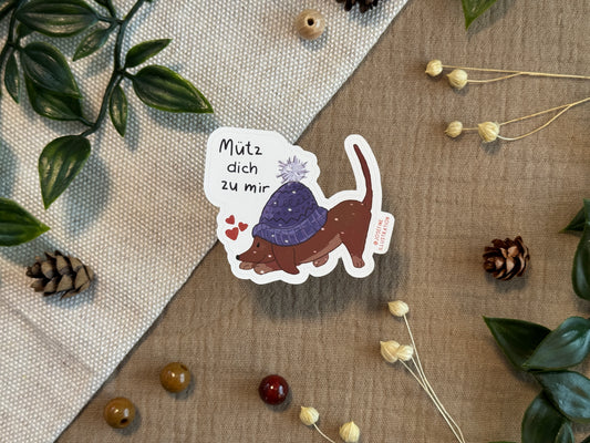 Dackelliger Sticker | Mütz dich zu mir!  -  Süßer Vinyl Sticker